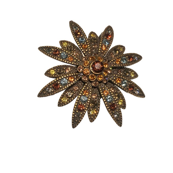 JOAN RIVERS SMALL AUTUMN COLORED CRYSTAL SUNBURST FLOWER BROOCH - Picture 9 of 14